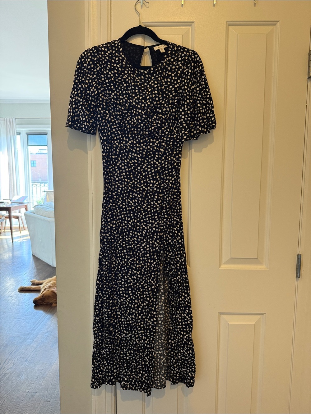 Topshop Black Midi Dress with White Dot Floral Print open back